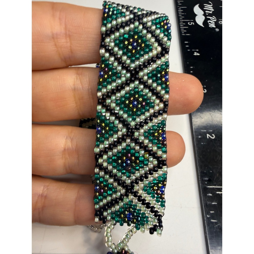 Handmade Seed Bead Cuff Bracelet Green Black White Geometric Diamond Pattern